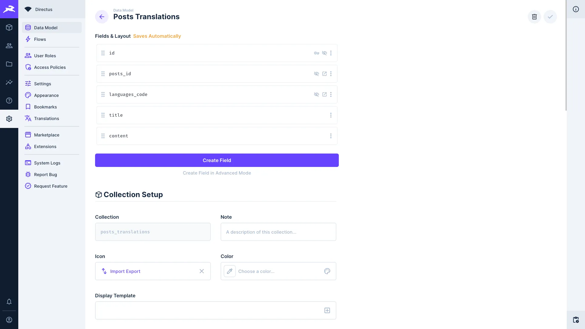 Post translations collection showing it has a title and content field added
